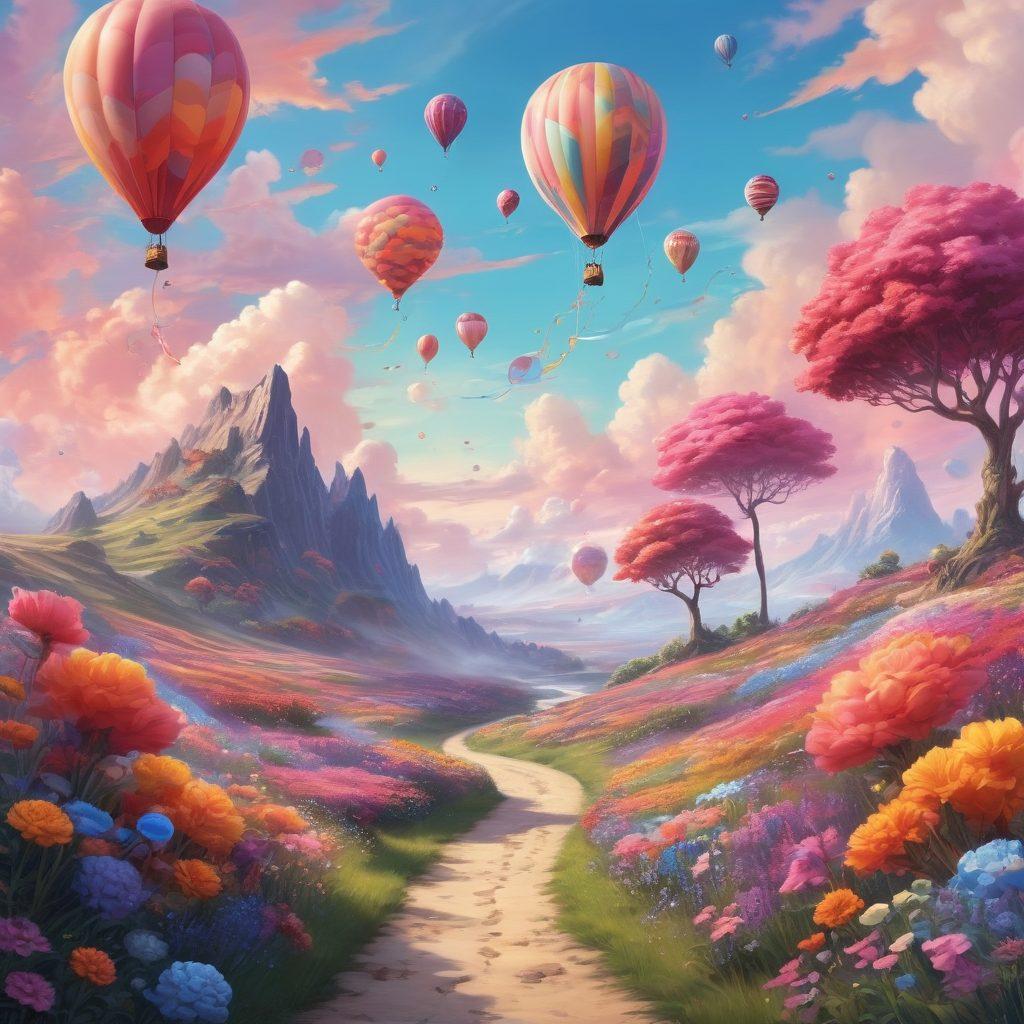 A vibrant, dreamlike landscape filled with oversized flowers, playful creatures, and swirling pastel skies. A whimsical path leads through the scene, with unexpected twists and turns, inviting adventure at every corner. Incorporate joyful elements like balloons and candy-shaped clouds, creating a sense of wonder. super-realistic. vibrant colors. fantasy art.