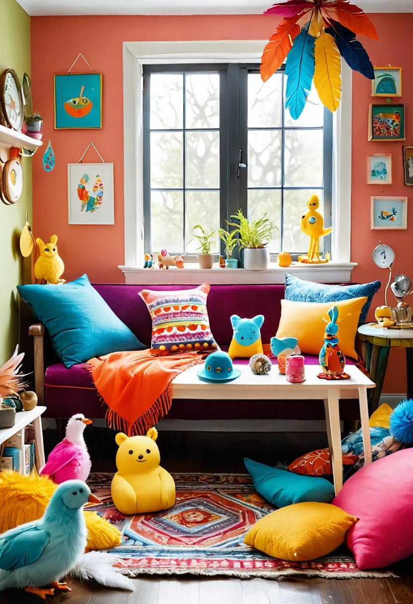 A vibrant, whimsical scene depicting a playful assortment of quirky items like colorful feathers, whimsical toys, and soft fabrics, set in a cozy, inviting space. Include happy, diverse people engaging in creative crafts, showcasing joy and laughter. Incorporate lighthearted elements like smiley faces and bright colors that evoke a sense of fun and exploration. Focus on warmth and connection, suggesting a friendly, inclusive atmosphere. bright colors. playful illustration. cheerful cartoon style.