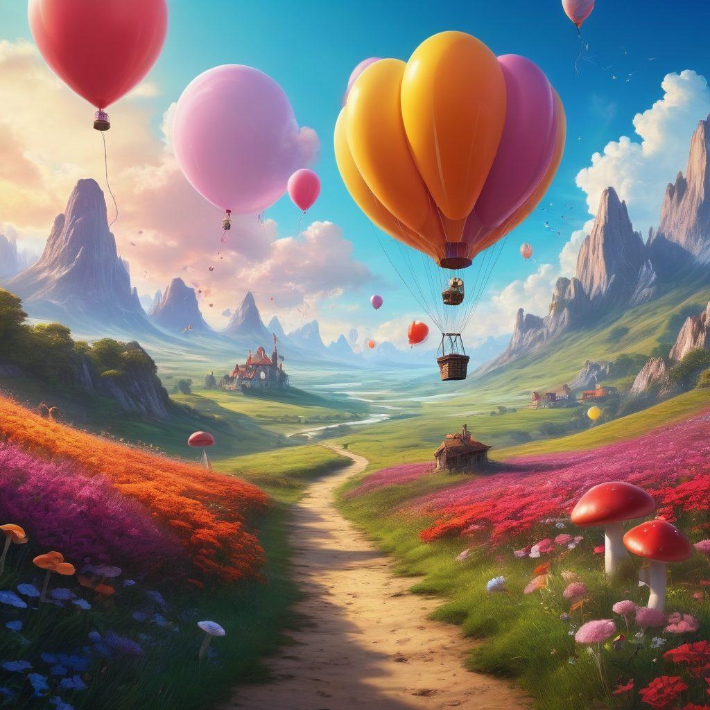 A vibrant, surreal landscape filled with playful characters engaged in various whimsical activities that blend fantasy and kink, such as colorful balloons, oversized mushrooms, and whimsical props. The scene should evoke a sense of joy and adventure, with bright, cheerful colors and a dreamlike atmosphere. Include elements like a winding, enchanted path leading to a sparkling horizon. fun illustration. vibrant colors. fantasy style.